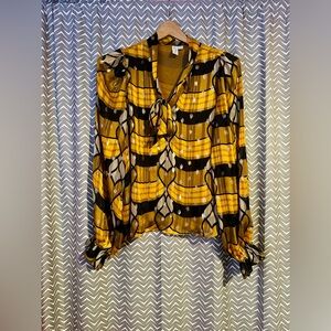 Joie | Gold Metallic Plaid Balloon Sleeve Tie-Neck Blouse, Size M